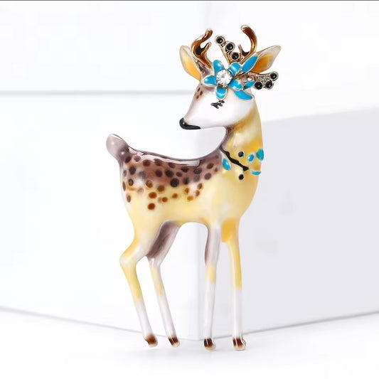 Enamel Reindeer Brooch Pin Deer Antler Flower Crystal Rhinestone Christmas Gift