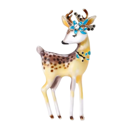 Enamel Reindeer Brooch Pin Deer Antler Flower Crystal Rhinestone Christmas Gift