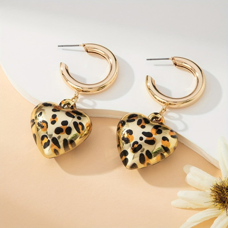 Leopard Print Heart Drop Hoop Earrings Gold Tone Puffy Dangle Animal Chic Gift