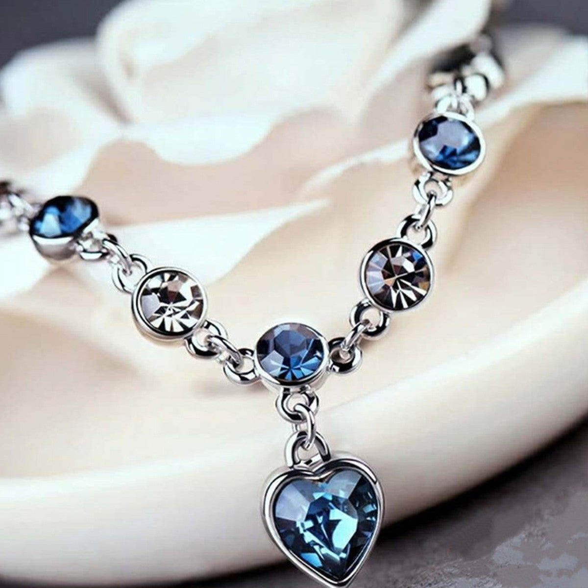 Fashion Bracelet For Women With Blue Heart Charm And Silver Tone Chain