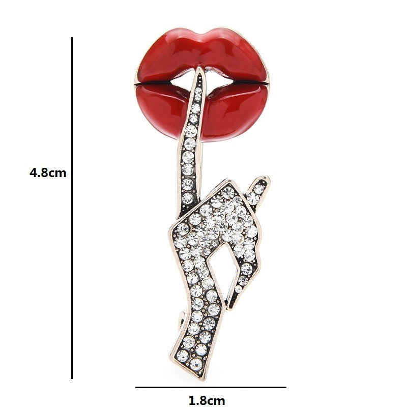 Red Lips Brooch Pin Shhh Finger Crystal Rhinestone Jewelry Statement Gift