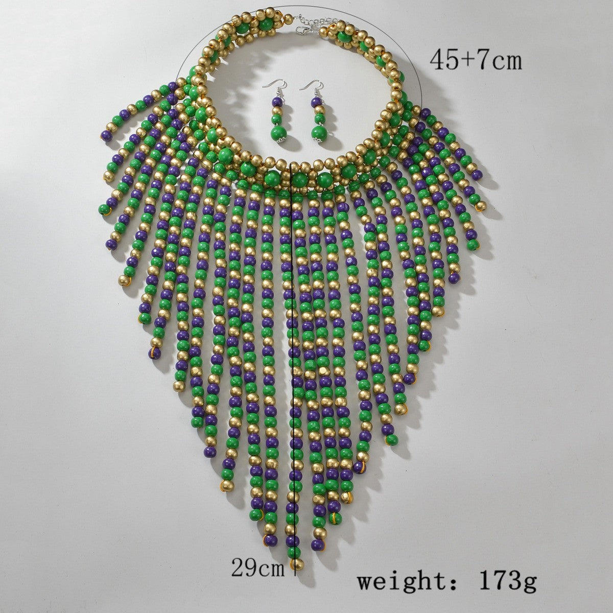 Ethnic Beaded Fringe Statement Necklace Earrings Set Green Purple Gold