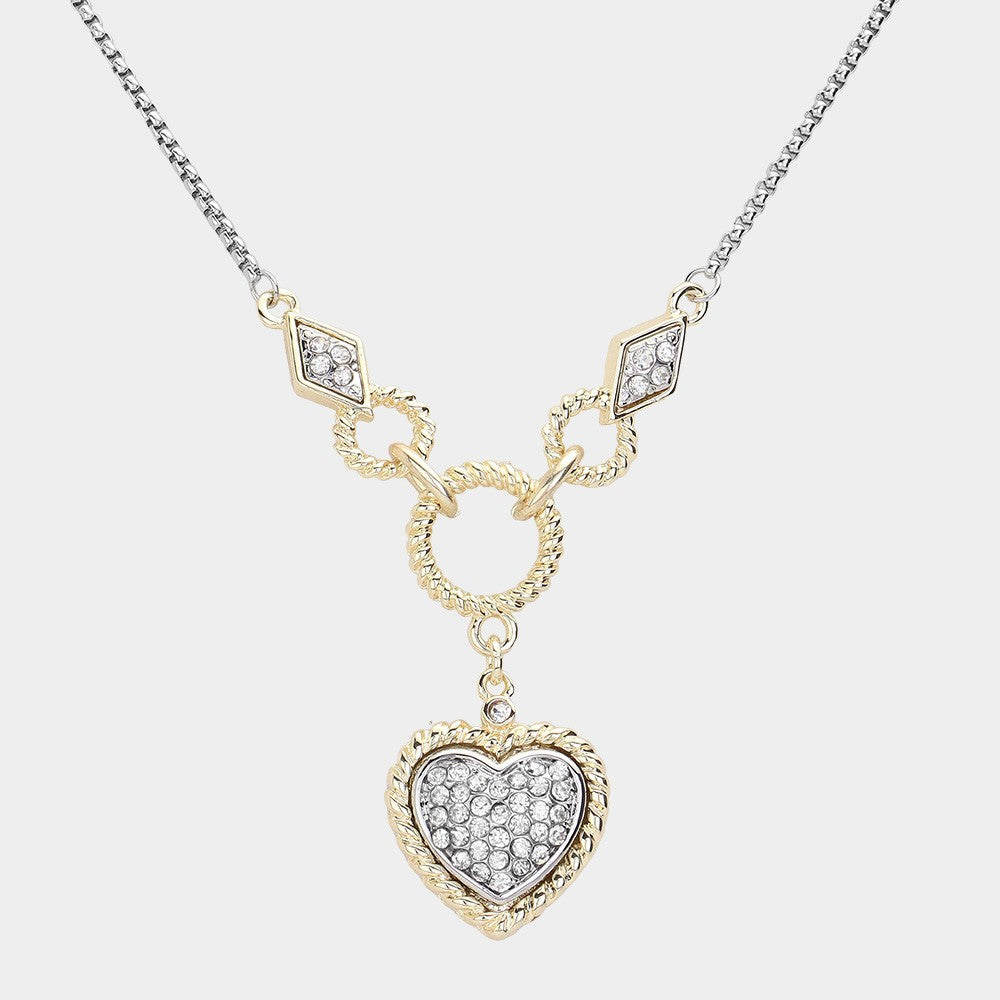 Two-Tone Crystal Heart Pendant Y-Chain Necklace for Women Jewelry Gift Ideas