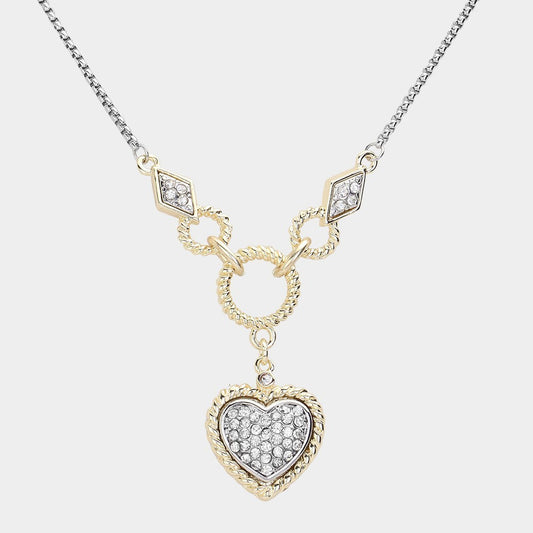 Two-Tone Crystal Heart Pendant Y-Chain Necklace for Women Jewelry Gift Ideas