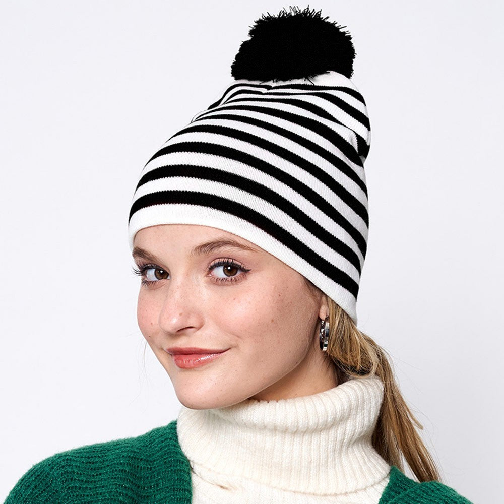 Two Tone Striped Womens Winter Beanie Hat One Size White Black Knit 100% Acrylic