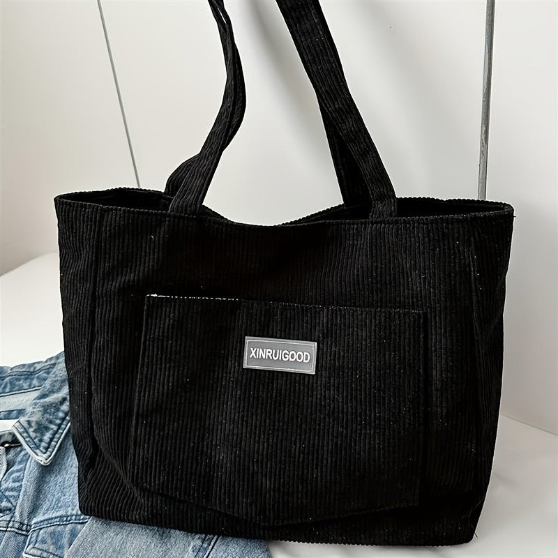 Black Corduroy Tote Bag Shoulder Handbag Casual Shopper Bag