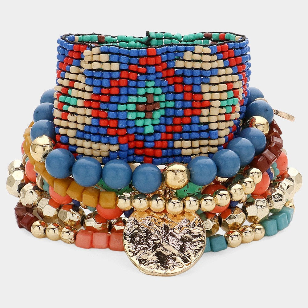 7PCS Boho Stretch Multi Layered Beaded Bracelets Stackable Bangle Set for Women