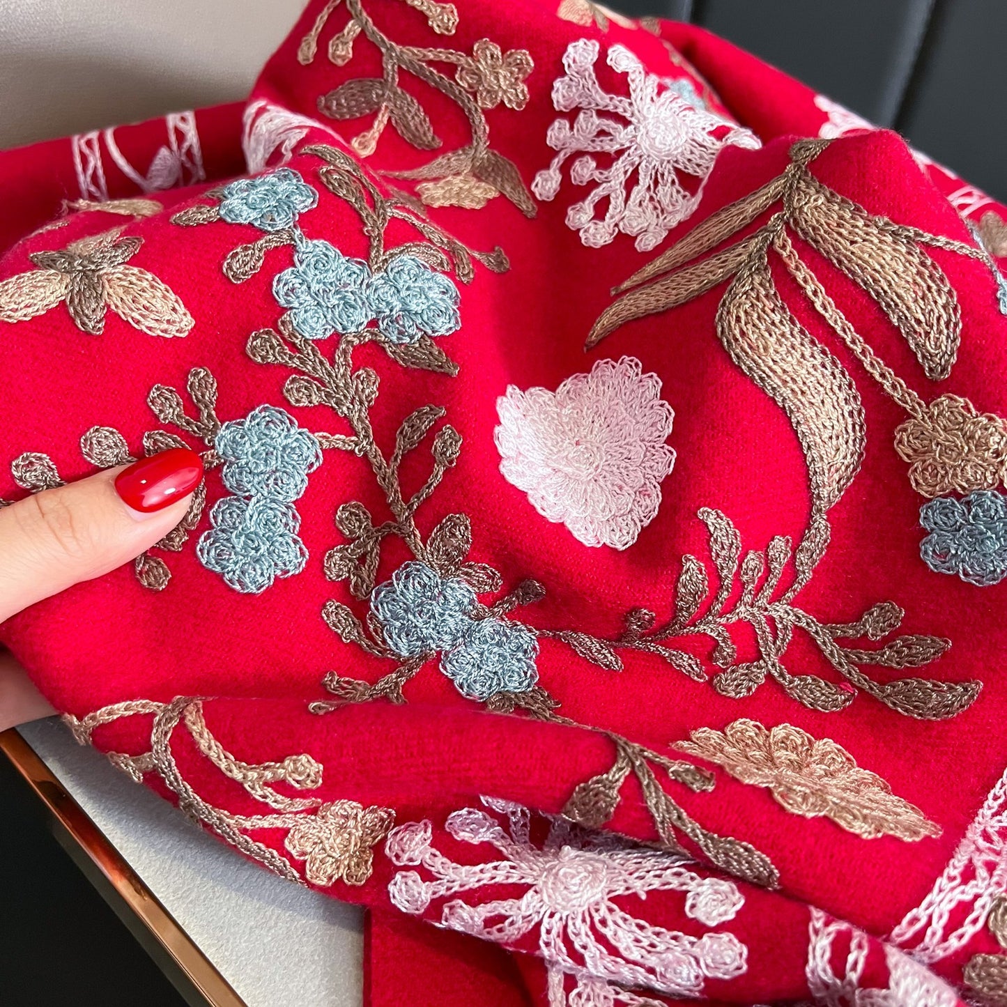 Red Floral Embroidered Fringed Shawl Cashmere Blend Winter Wrap Scarf Gift
