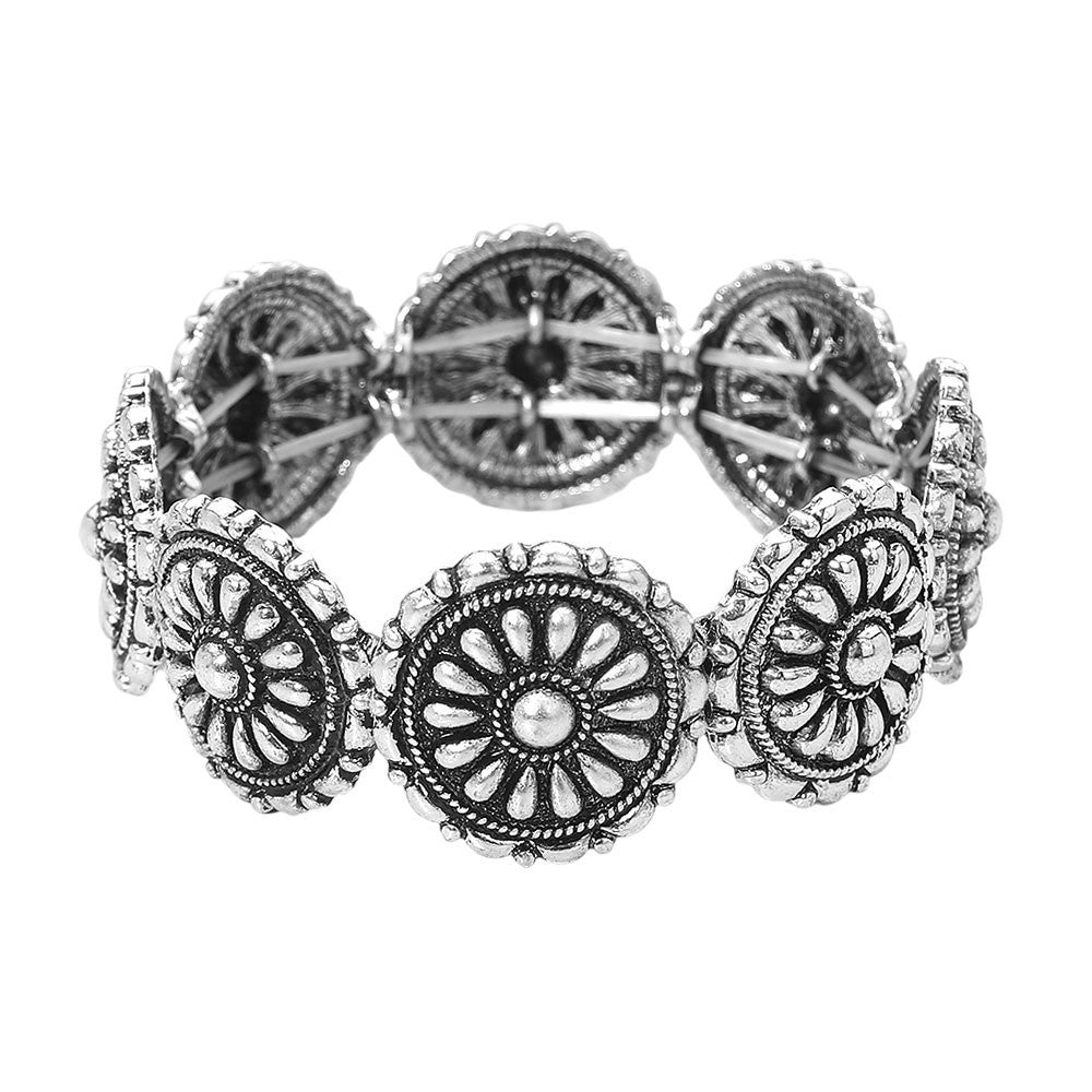 Boho Floral Medallion Stretch Bracelet Silver Western Statement Wristwear