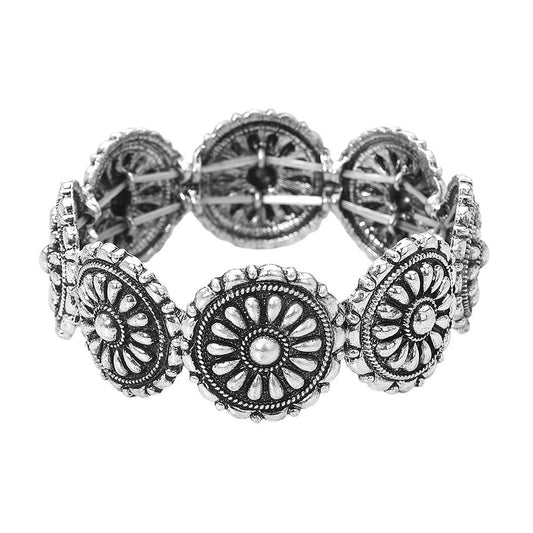 Boho Floral Medallion Stretch Bracelet Silver Western Statement Wristwear
