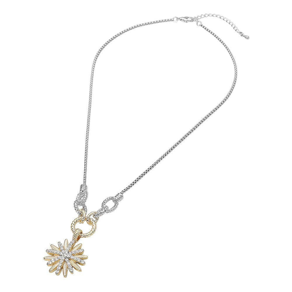 14K Gold Plated Two-Tone Cubic Zirconia Stone Paved Sunburst Necklace for Women
