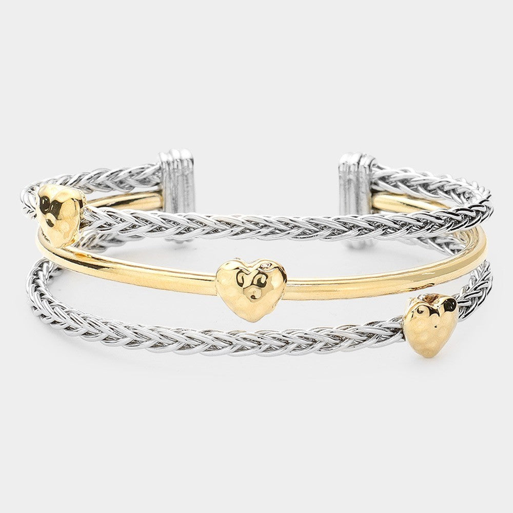 Two-Tone Hammered Metal Heart Split Multi Band Twisted Cable Wire Cuff Bracelet