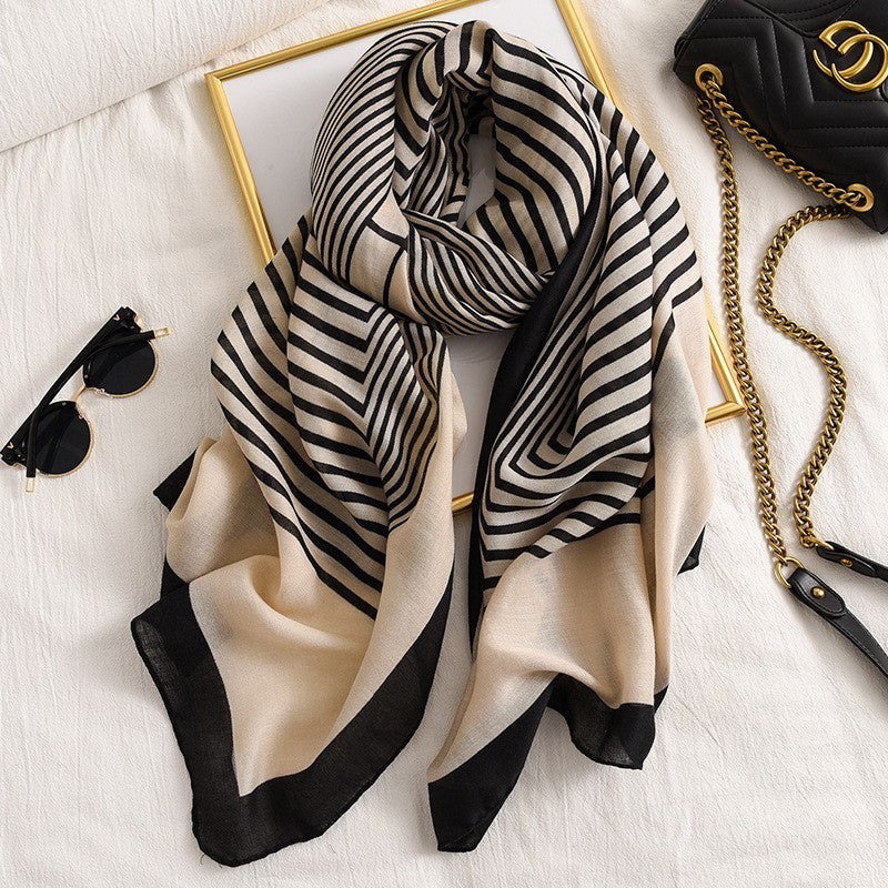 Black Beige Stripe Scarf Shawl Wrap – Oversized Neutral Tones Polyester Fashion