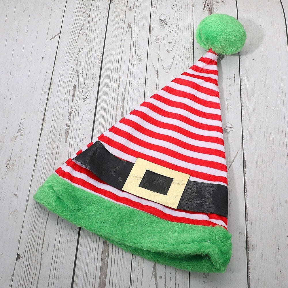 3-Pack Jolly Striped Christmas Elf Hats with Green Trim & Belt Buckle Trio