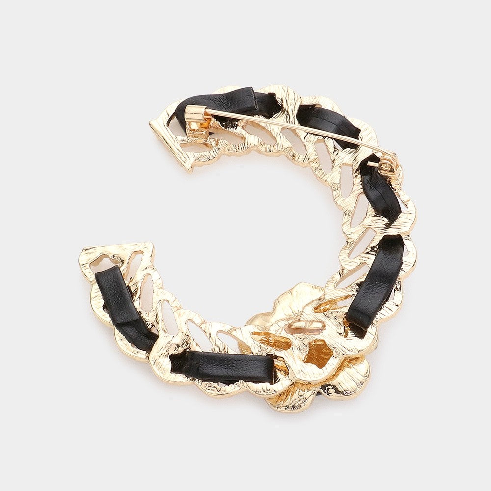 Gold Tone Woven Ribbon Chain C Brooch Camellia Flower Rhinestone Statement Pin