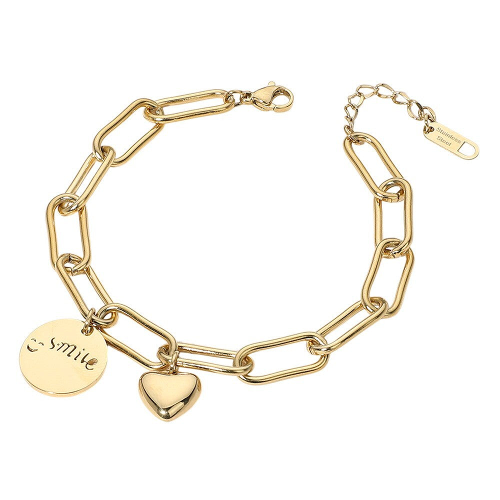 Smiley Face Heart Charm Paperclip Chain Bracelet Stainless Steel Women Gift