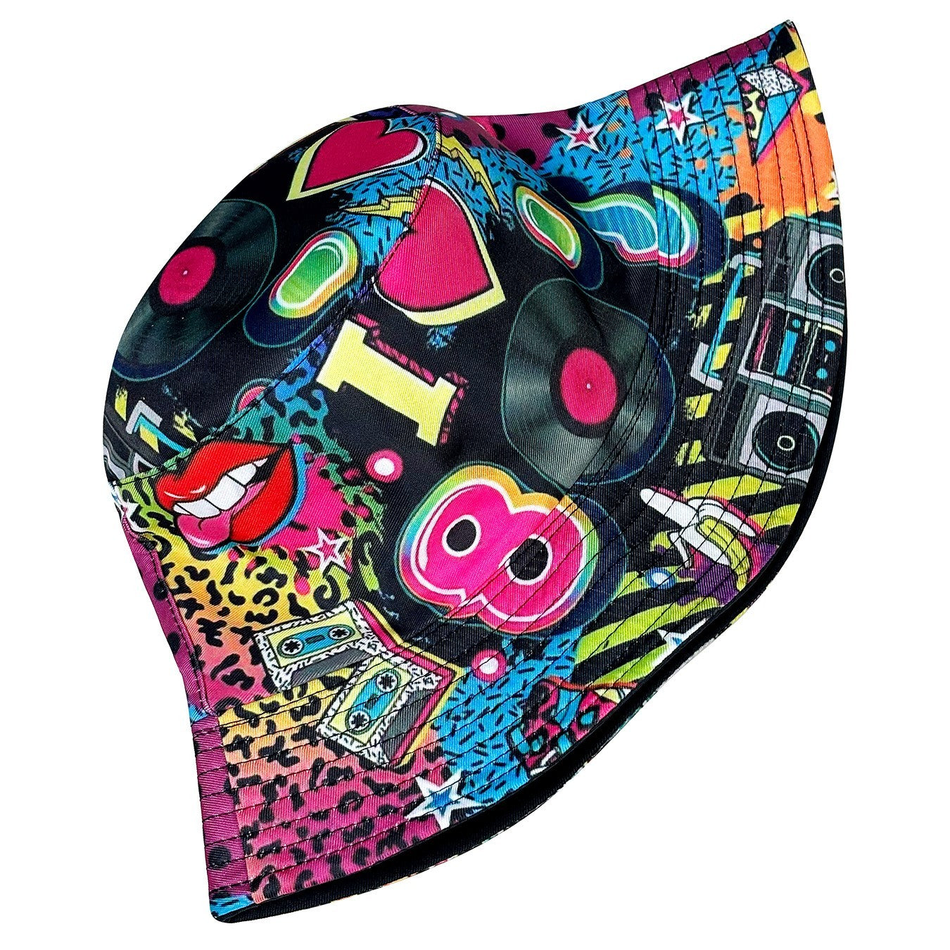 Retro 80s Reversible Bucket Hat Neon Pop Art Festival Sun Cap Black I Heart 80s
