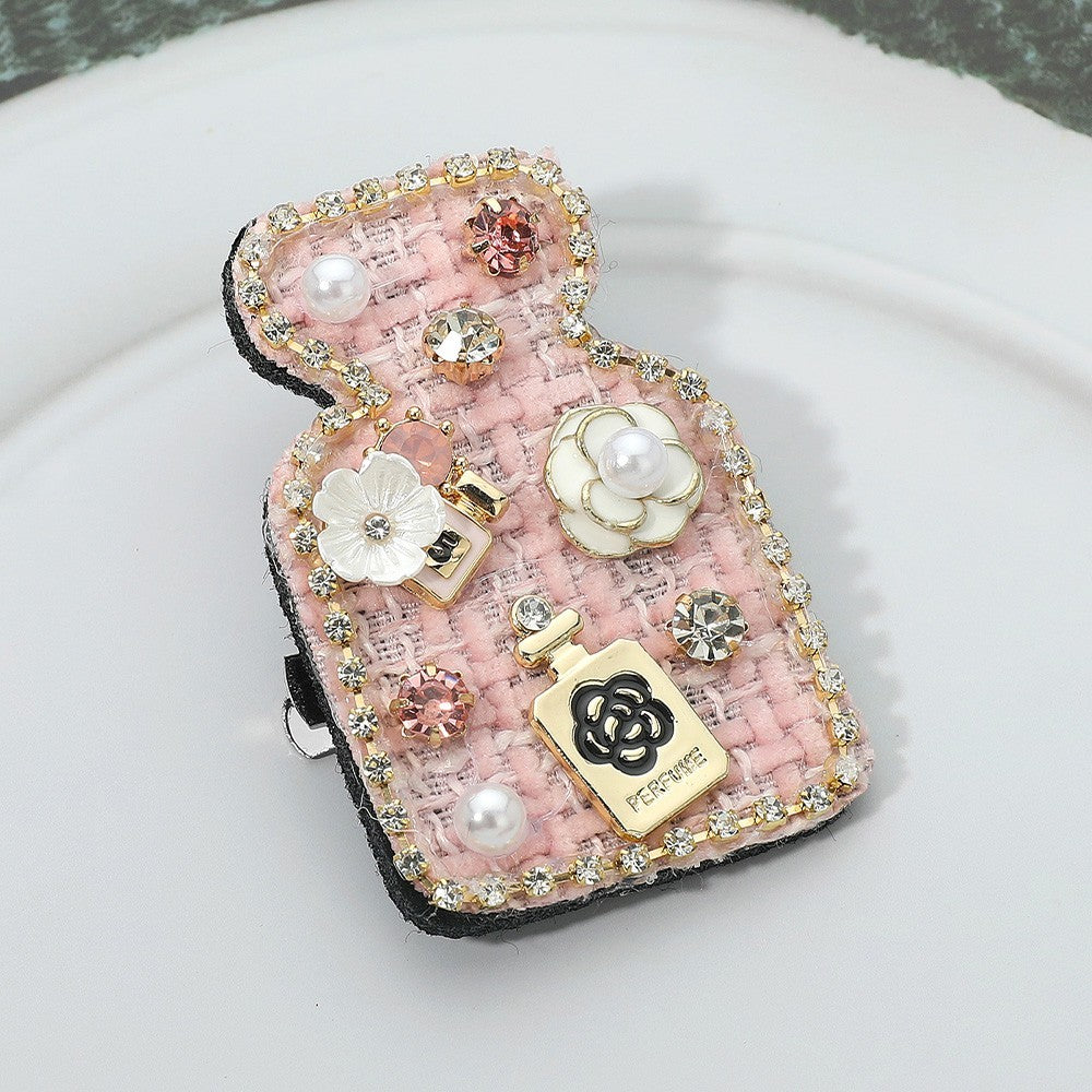 Pearl Flower Embellished Tweed Perfume Bottle Pin Brooch Hair Clip for Women