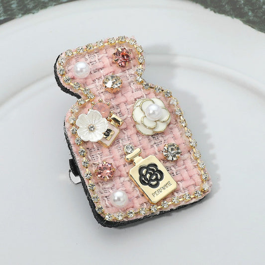 Pearl Flower Embellished Tweed Perfume Bottle Pin Brooch Hair Clip for Women