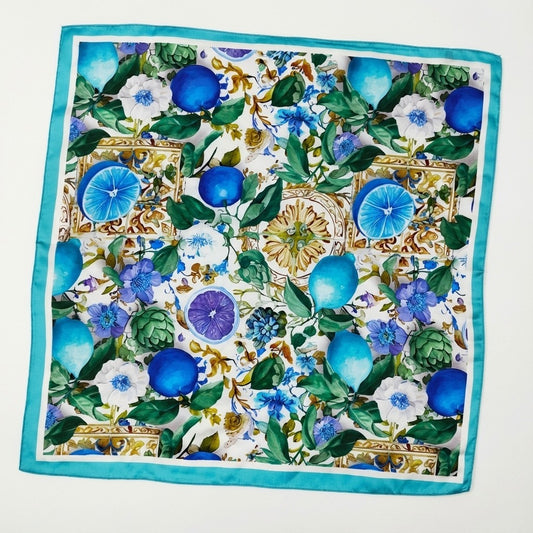Blue Citrus Fruit Floral Print Square Silk Feel Scarf Neckerchief Headband