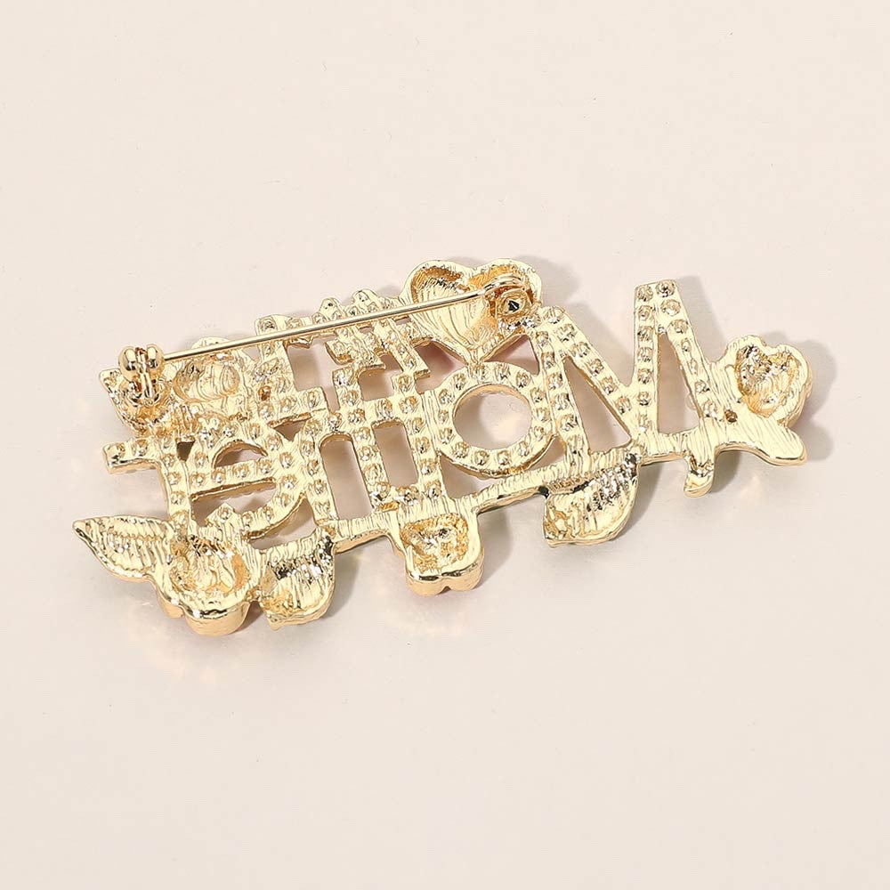 Gold Faux Pearl #1 Mother Brooch Pin with Red Roses and Heart Accent