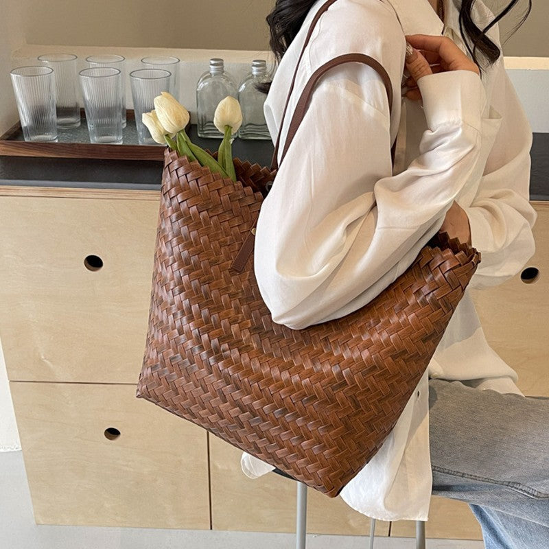 Handwoven Basket Weave Rattan Straw Tote Bag Large Capacity Brown Bags