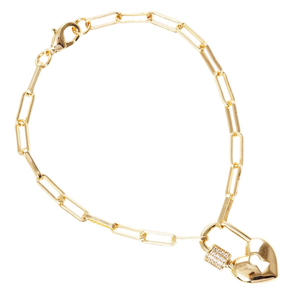 Gold Paperclip Chain Bracelet Heart Lock Charm CZ Statement Jewelry for Women