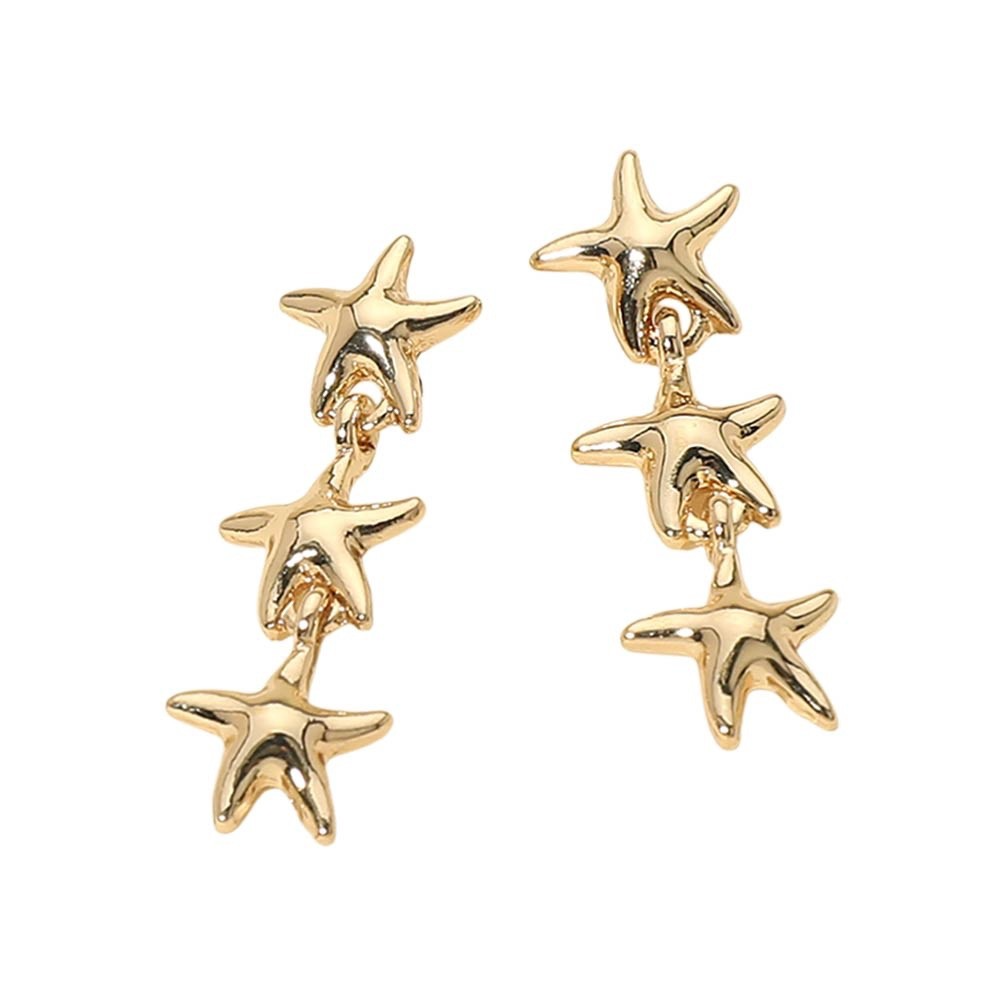Gold-Tone Triple Starfish Tiered Dangle Drop Coastal Beach Nautical Post Earring