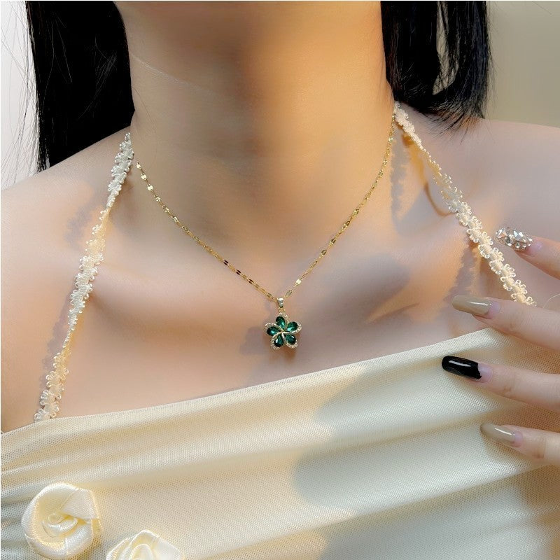 Gold Plated Floral Necklace with Green Crystal Stone and White Rhinestones