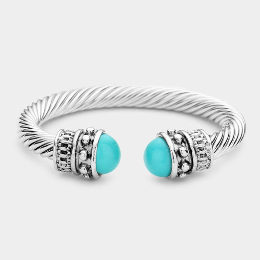 2PC Silver-Tone Cable Cuff Bracelets Set Turquoise End Caps Fashion Jewelry Set