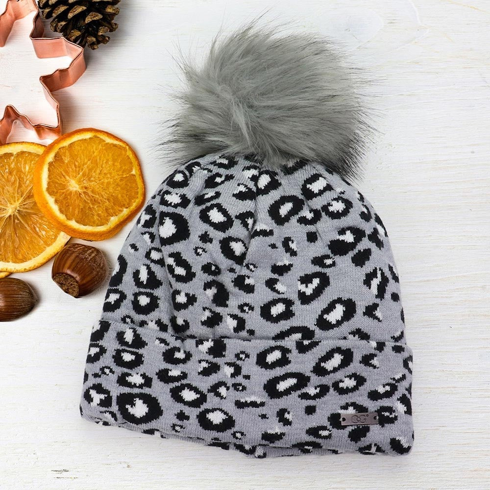 Grey Leopard Print Knit Beanie Hat with Grey Faux Fur Pom Pom Trendy Winter Ca
