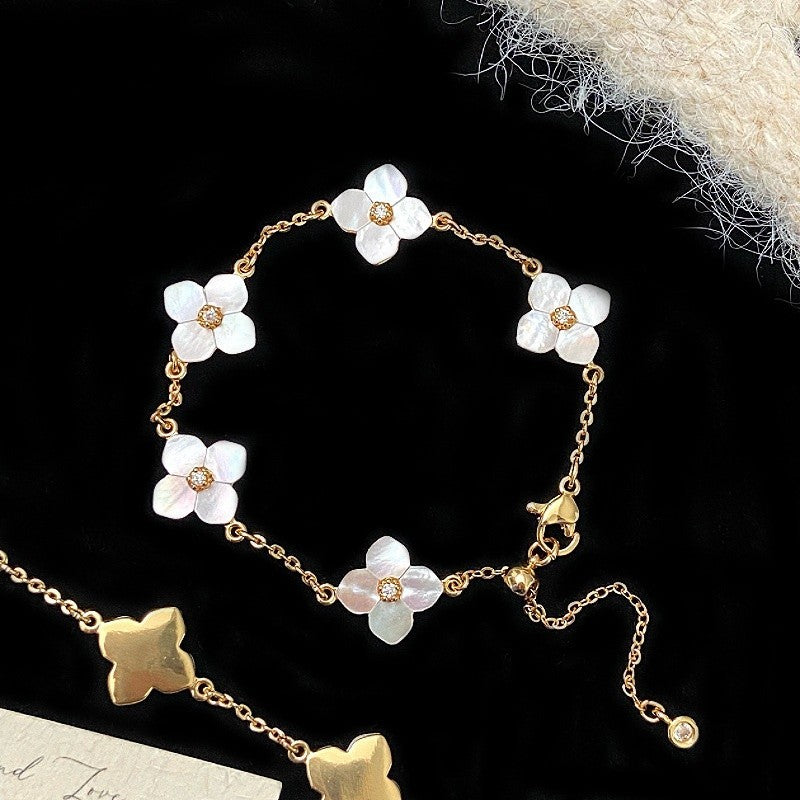 2PCS Gold Tone White MOP Clover Bracelet Set Dainty Lucky 5-Motif Gift