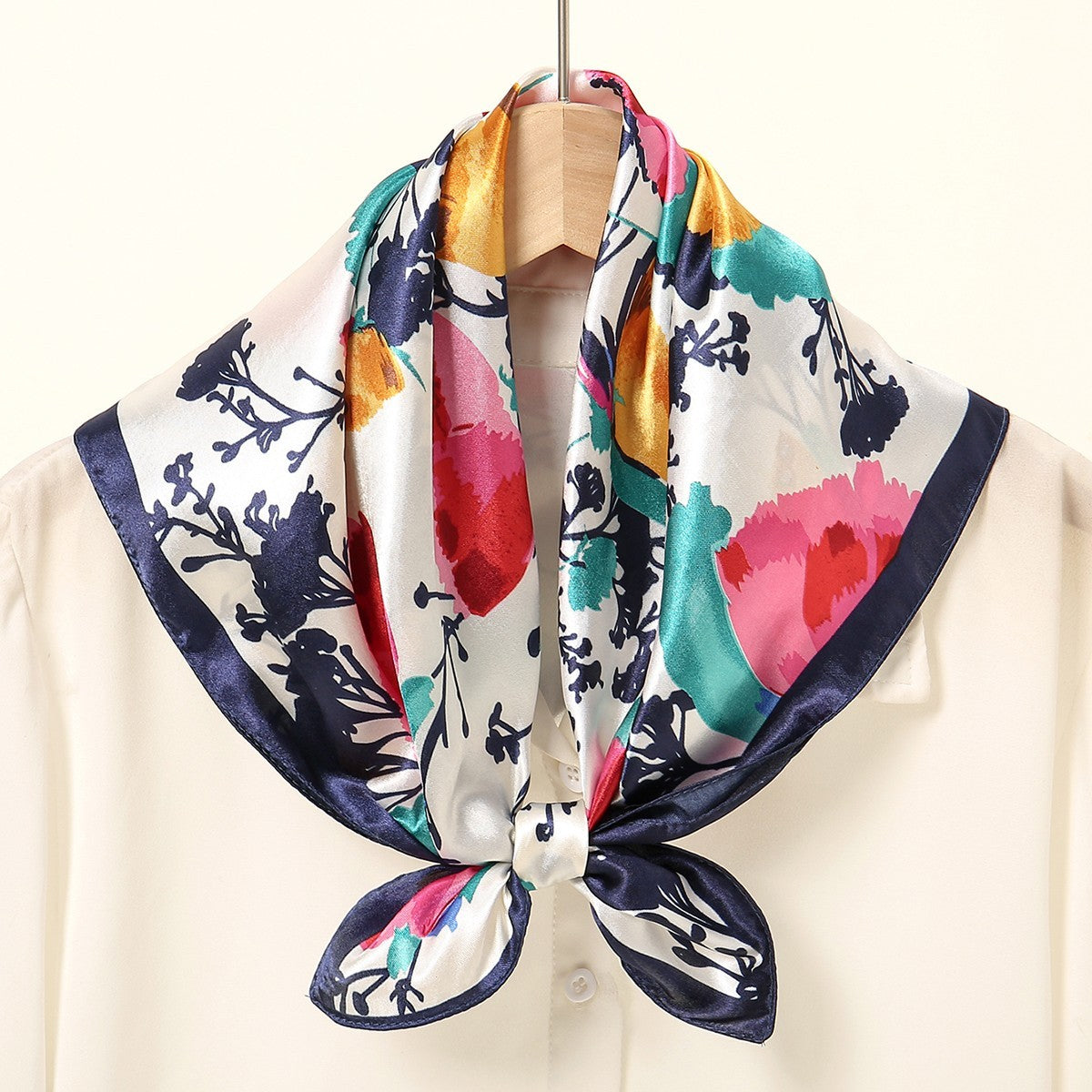 Satin Floral Print Square Scarf – Neckerchief Bandana Hair Tie Headband Handbag