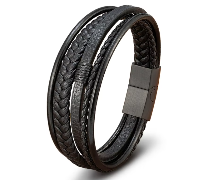 Stainless Steel Multilayered Leather Bracelet for Men Black High Quality Jewelry