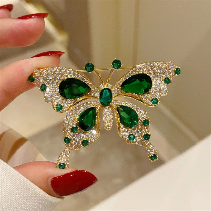 Retro Green Emerald Crystal Butterfly Brooch for Women Girls Elegant Pin