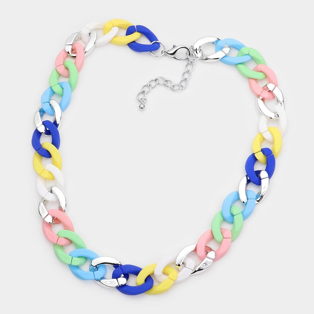 Pastel Multi-Color Matte & Silver Curb Chain Link Necklace Fashion Jewelry