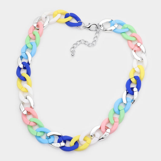 Pastel Multi-Color Matte & Silver Curb Chain Link Necklace Fashion Jewelry