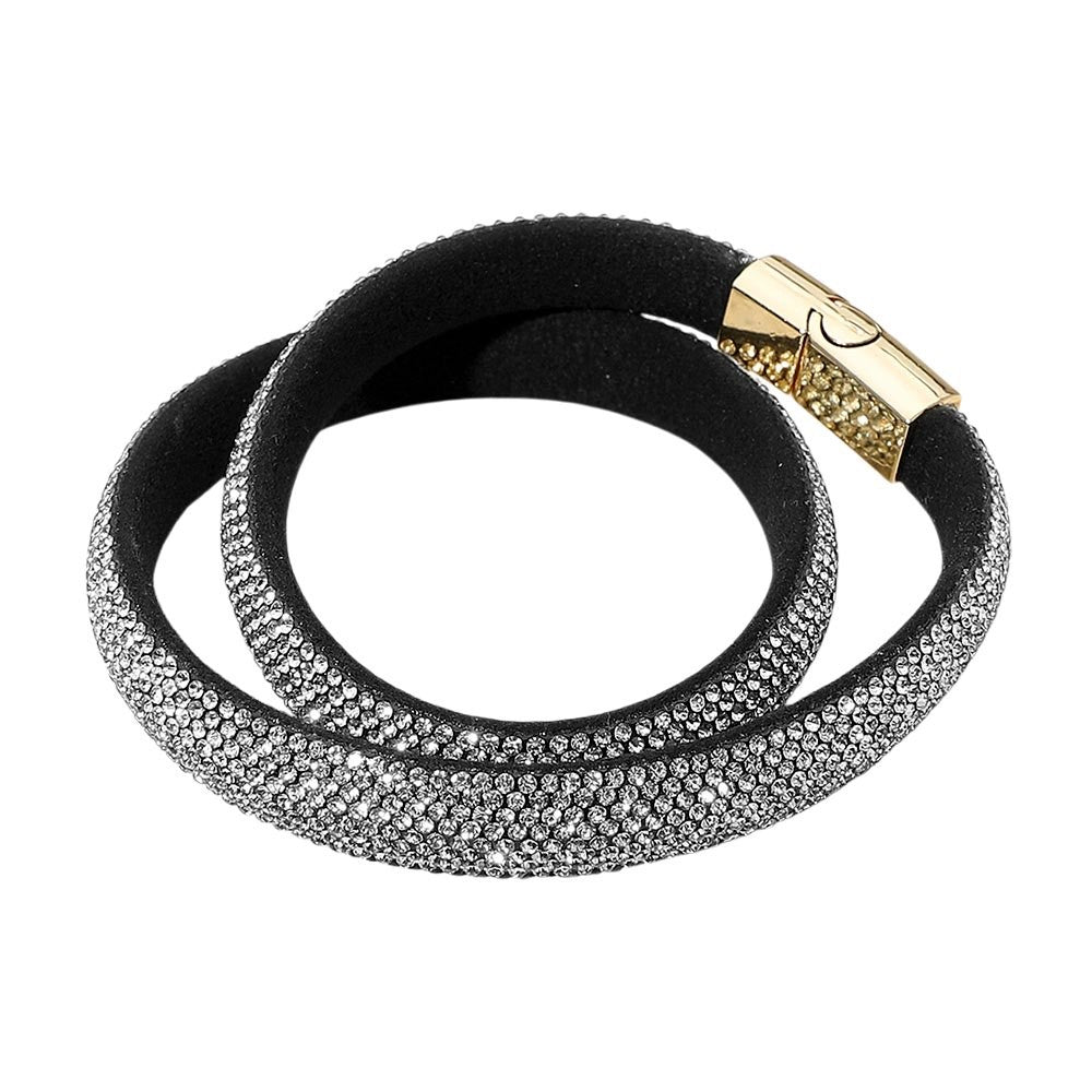 Black Velvet Rhinestone Crystal Double Wrap Bracelet Magnetic Gold Clasp 16" L