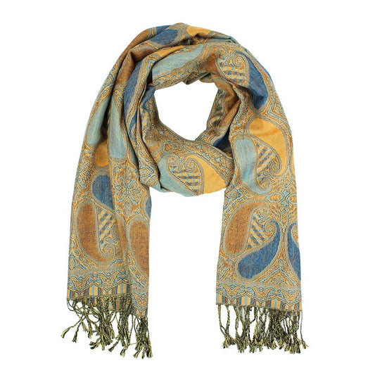 2X Reversible Paisley Pashmina Shawl Set Mustard Gold Teal Blue Scarf Wrap Boho