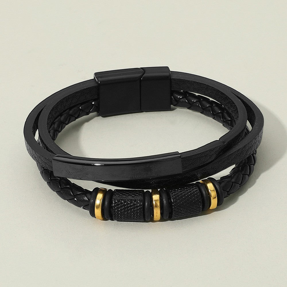 Mens Black Braided Leather Bracelet Gold Tone Accent Magnetic Clasp Multi-Strand