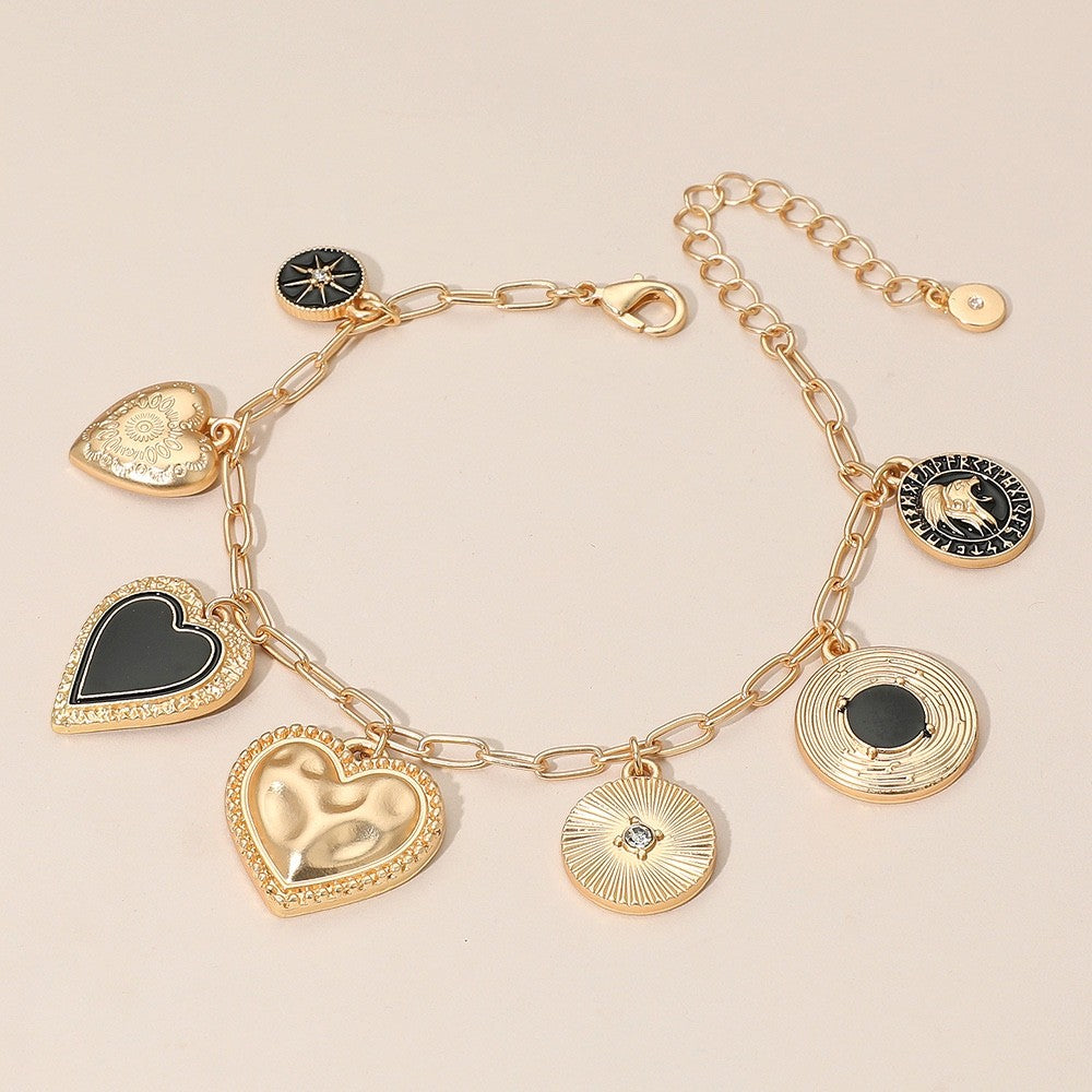 Gold Multi-Charm Celestial Heart Bracelet - Eclectic Black Enamel Jewelry