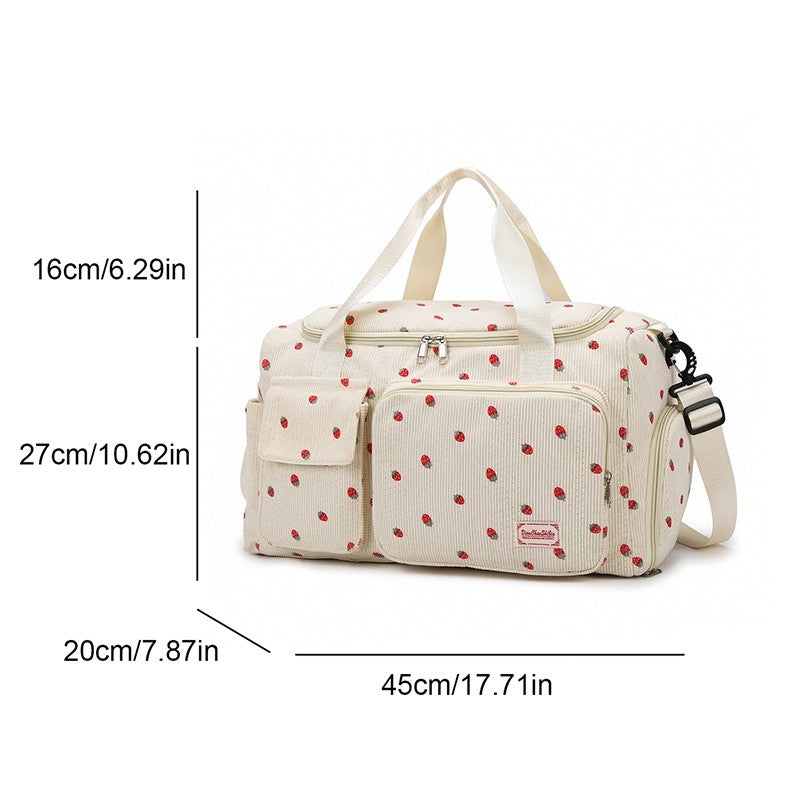 Strawberry Corduroy Travel Duffel Bag Shoe Compartment Trolley Sleeve