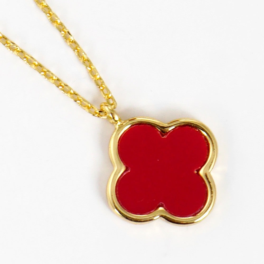 Gold Red Enamel Four Leaf Clover Pendant Necklace - 14K Gold Dipped Jewelry