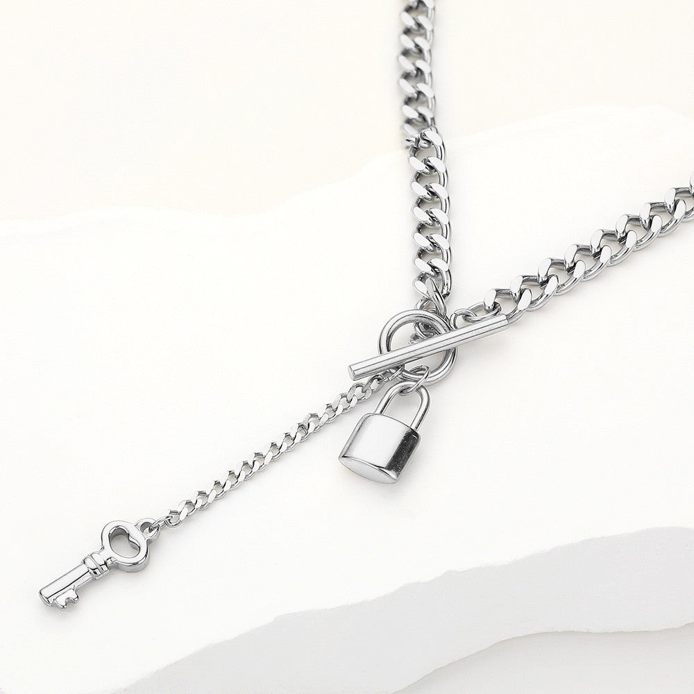 Cuban Chain Toggle Lock Key Necklace Stainless Steel Waterproof 16.5 + 2.8 in
