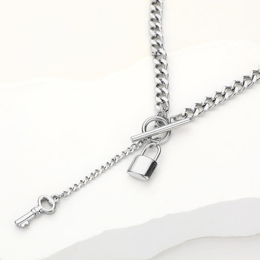 Cuban Chain Toggle Lock Key Necklace Stainless Steel Waterproof 16.5 + 2.8 in
