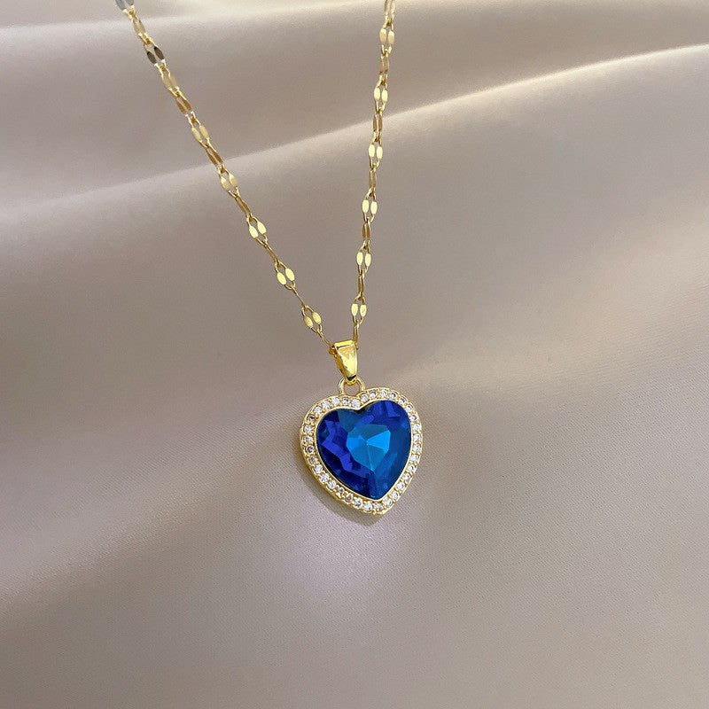 Gold Heart Blue Crystal Pendant Necklace Women’s Jewelry Gift 16" Chain