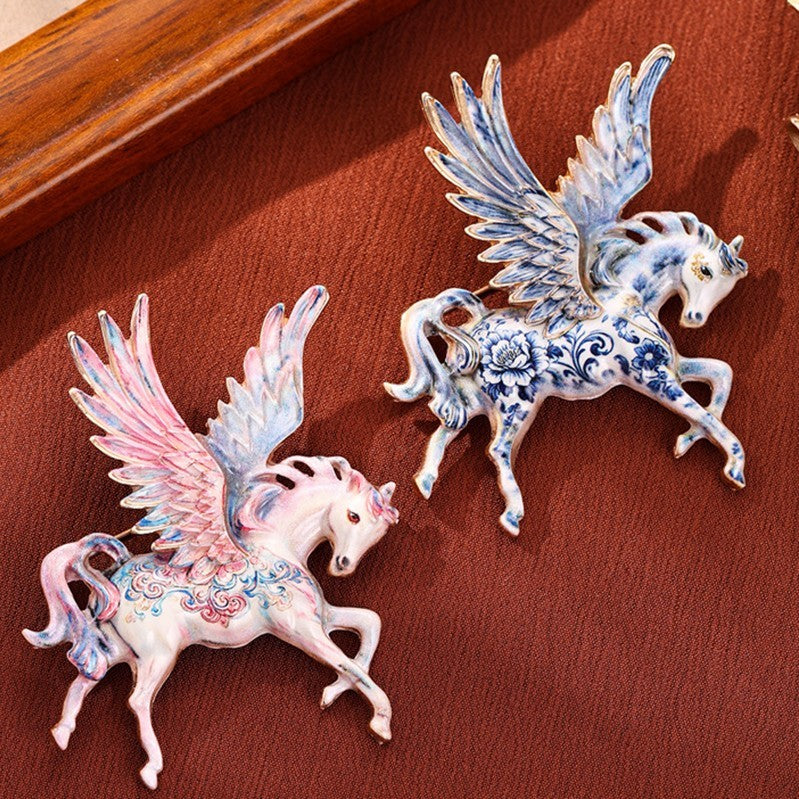 2pc Blue White Porcelain Style Pegasus Brooch Enamel Mythical Flying Horse Pin
