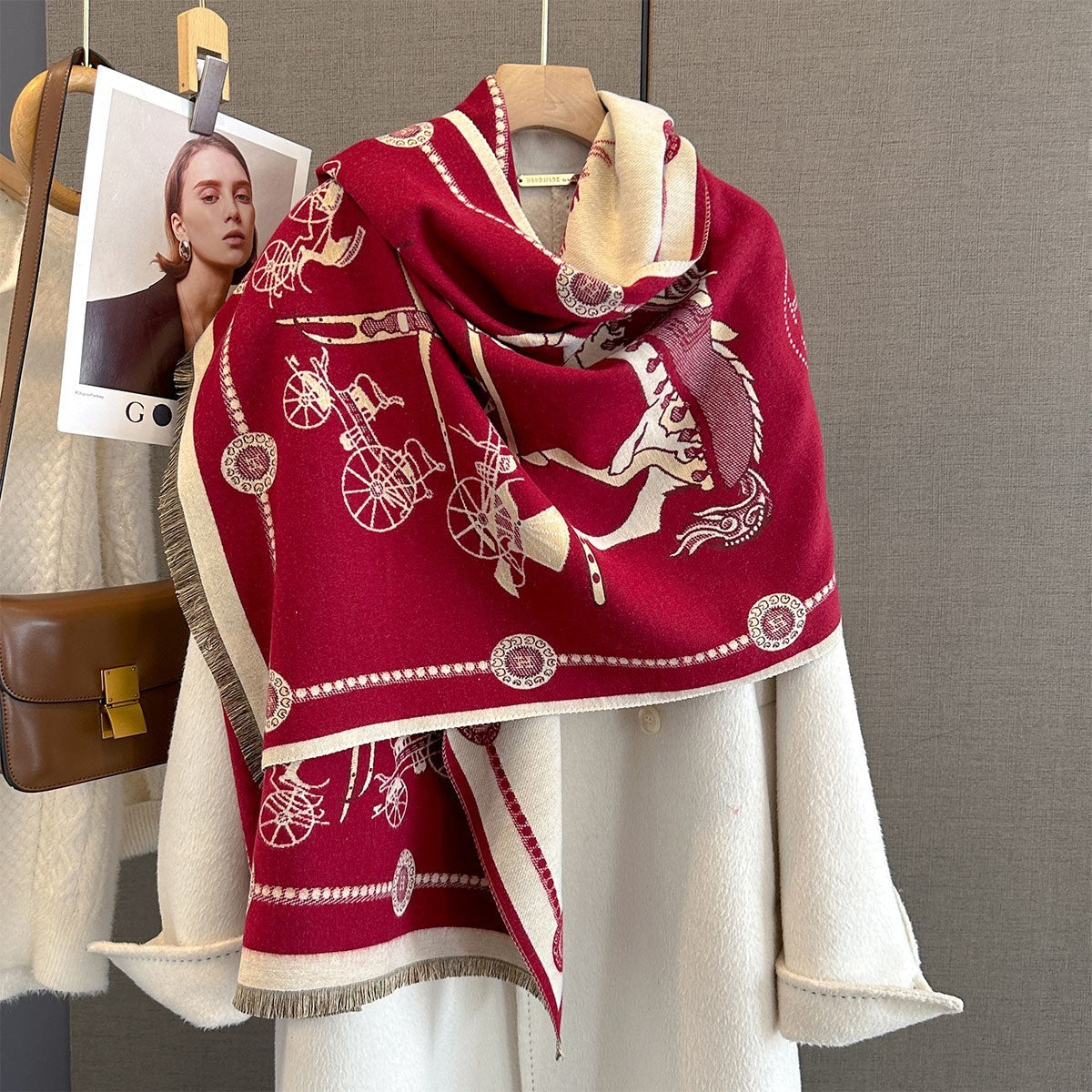 Reversible Equestrian Horse Carriage Scarf Shawl Wrap Red Burgundy Cream Cashmer