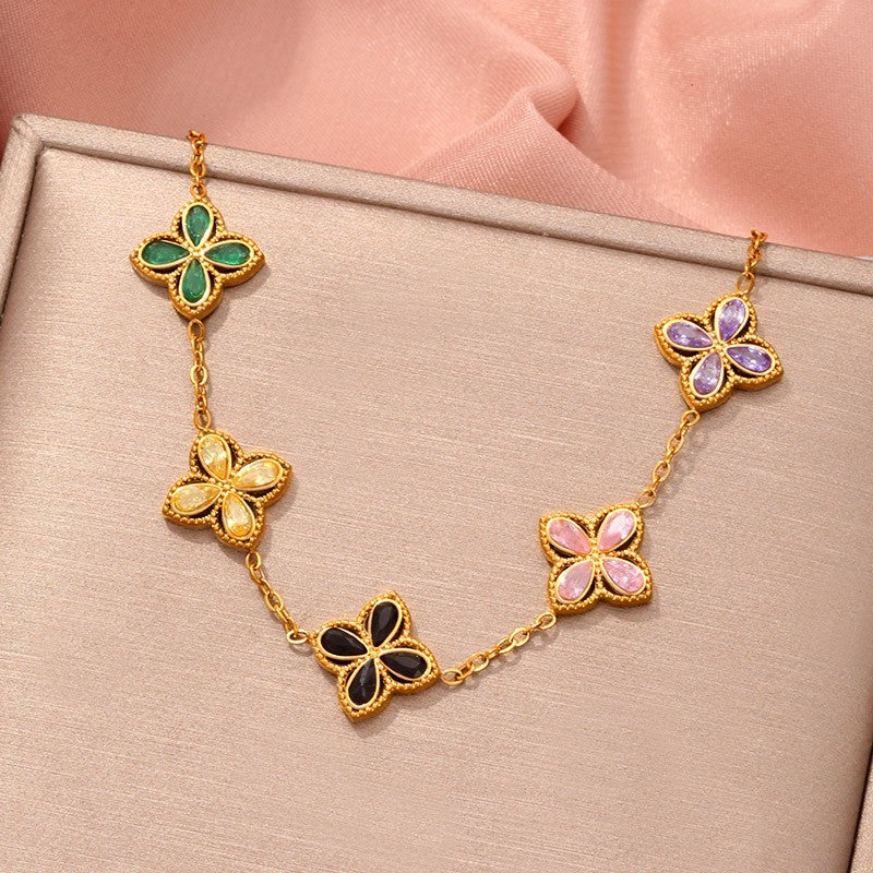 Gold Plated Four Leaf Clover Charm Bracelet Multicolored Stone Women's Jewelry