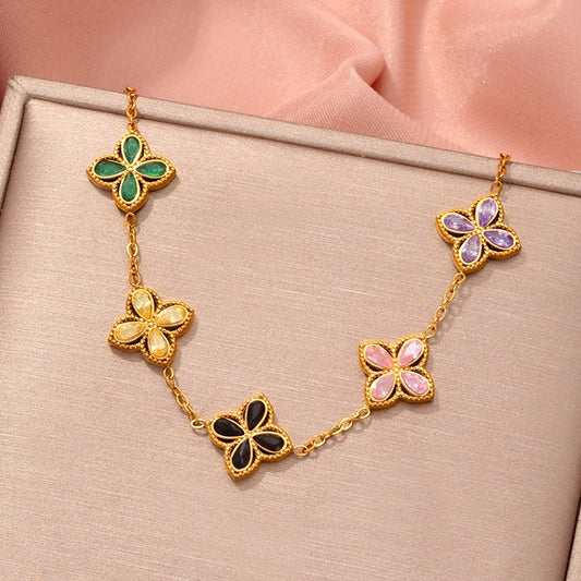 Gold Plated Four Leaf Clover Charm Bracelet Multicolored Stone Women's Jewelry